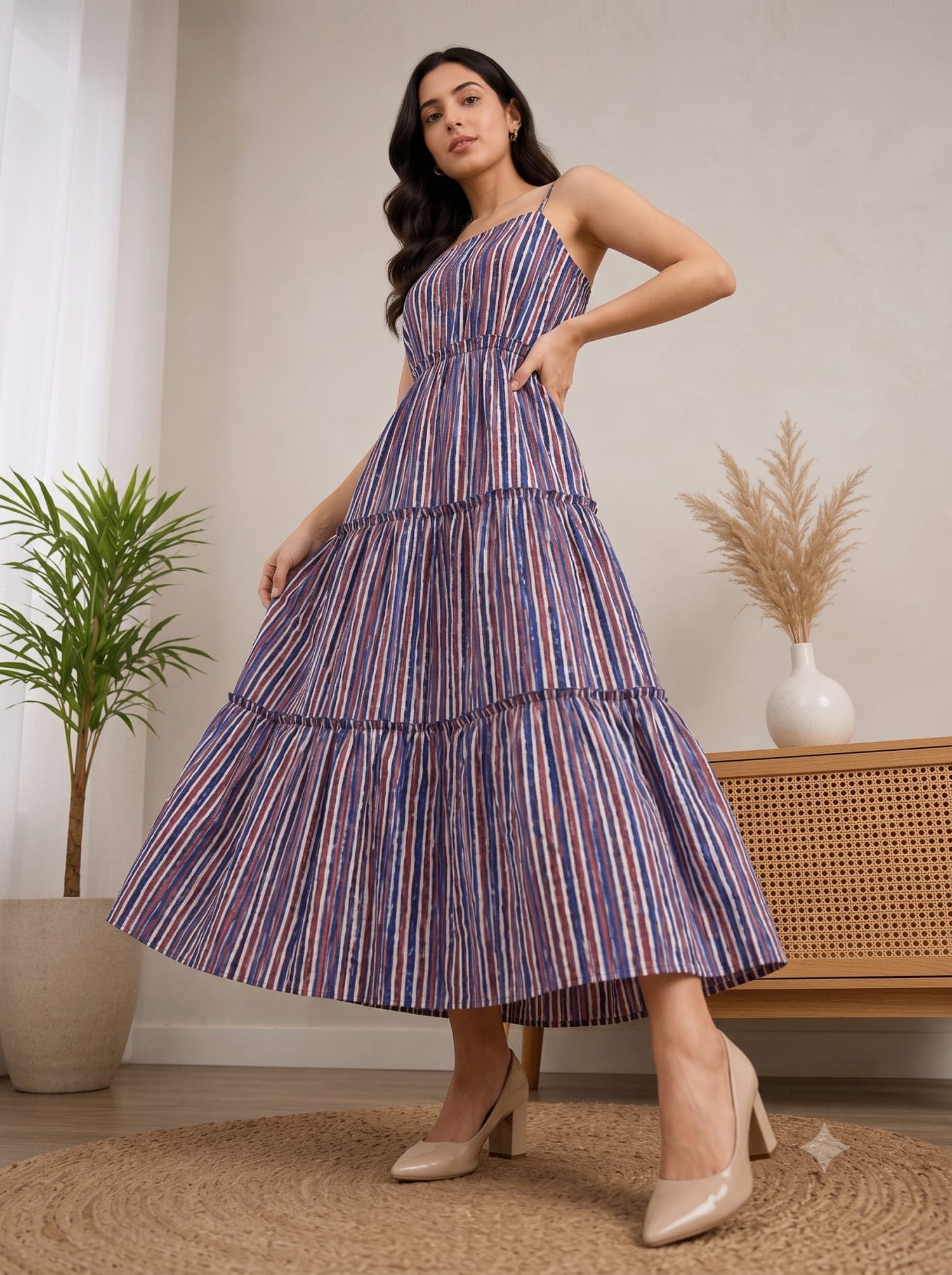 Striped Spaghetti Strap Tiered Midi Dress